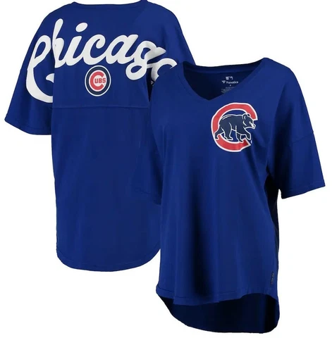 Chicago Cubs Women's Fanatics Royal Oversized Spirit Jersey V-Neck T-Shirt Small Cover