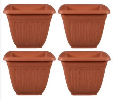Lote de 4 macetas cuadradas estriadas de plástico, naranja/marrón 7,75” x 6,87”, NUEVAS Foto 1 de 2