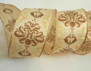 5 Yards Gold Demask 2 1/2" Wired Ribbon Christmas Wedding 5 yds - Picture 1 of 1