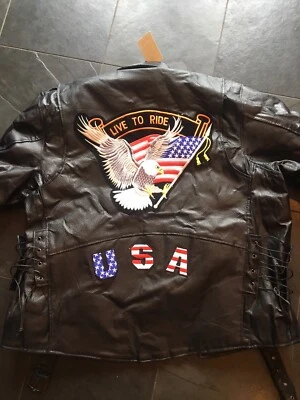 Diamond Plate Mens Hand Sewn Pebble Grain Genuine Leather Jacket w/ Eagle Patch - Image 1 of 4
