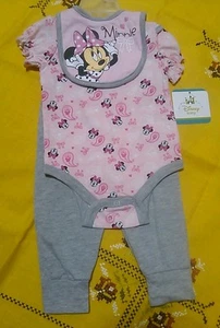 Disney Minnie Mouse 3 pc Pink Grey Paisley Polka Dot Bow Baby Sz 6-9 Months NWT - Picture 1 of 3
