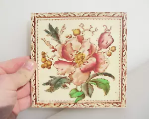 Antique Ceramic Tile Old Floral Flowers Victorian Art Nouveau Vintage Leaf - Picture 1 of 22