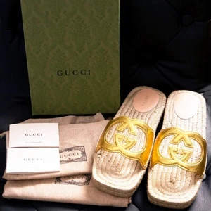 37.5 NEW $660 GUCCI Gold Leather LOGO GG Interlocking Cut Out ESPADRILLE SANDALS - Picture 1 of 15