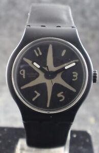 Genuine Swatch Irony Men's Black Dial Leather Band Swiss Made Quartz Wrist Watch