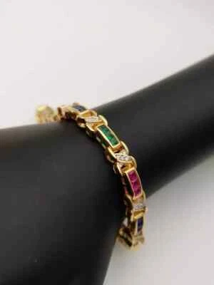Tennis Bracelet 14K Yellow Gold Lab created Diamond, Ruby, Sapphire And Emerald - Image 1 of 4