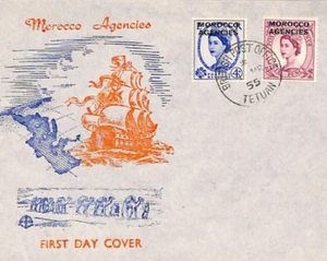 MOROCCO AGENCIES Overprint GB QEII 1955 FDC Wilding 4d 6d Illustrated SHIP XP189 - Picture 1 of 8