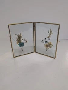Table Top Décor Gold 2 Panel Double Glass Framed Pressed Flowers Handmade New - Picture 1 of 11