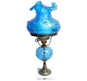 Fenton Cabbage Rose Student Lamp Colonial Blue Ruffled Glass Marble Vintage - Picture 1 of 24