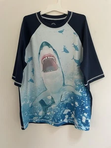 Wonder Nation Kid Boy Shark Polyester Raglan Short Sleeve Swim Top Navy XL 14-16 - Picture 1 of 4