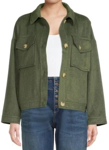 TIME & TRU Olive Green Cropped Shacket Jacket  Wool Blend Pockets XL - Picture 1 of 8