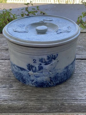 Antiguo Vaso de Mantequilla de Gres Utica Blanco Ciervo Escena de Caza Nº 2 ¡EXCELENTE! Foto 1 de 4