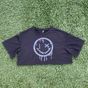 Shein Womens Black Drippy Smiley Crop Top Iridescent Graphic Tee Shirt S - Picture 1 of 4