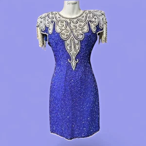 VESTIDO VINTAGE CON CUENTAS HOMBROS ELÉCTRICOS azul índigo nacarado flecos noche 0 XS 2E - Imagen 1 de 10
