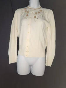 Vintage Cream Cardigan Beaded Sweater Penny Pepper By S. Stew of NY Floral 1950s - Picture 1 of 5