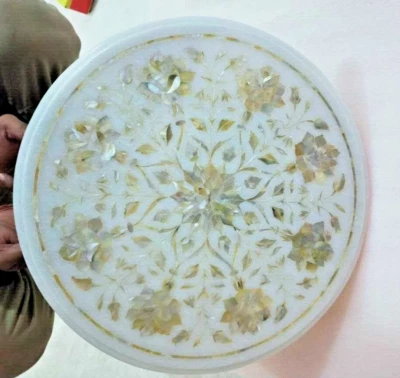 18" Stunning Marble Round Table Top Natural Mop Inlay Stone Work Home Decor - Image 1 of 4