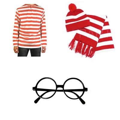 Wheres Wally Beanie Glasses Scarf Red & White Stripe Shirt Costume Set Book Week - image 1 of 2