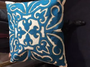 Boho Cushion Teal Grean and Cream Embroided with Brass Pearls 50 x 50 cm - Picture 1 of 1
