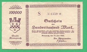 Deutschland Kreuznach Banknoten 100.000 Mark Papiergeld 1923 im Umlauf 1359 - Bild 1 von 2