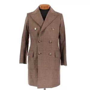 Eleventy NWT Double Breasted Wool Top Coat Size 50 (40R US) In Brown & Tan Plaid - Picture 1 of 8