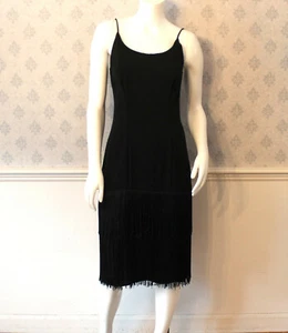 Vintage 1990s BB Collection Black Crepe Sleeveless Fringed Dress - Picture 1 of 9