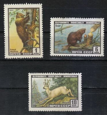Rússia 1961 MNH Mi 2448-2450 Sc 2429-2431 urso marrom, castor e veado ** - Imagem 1 de 2