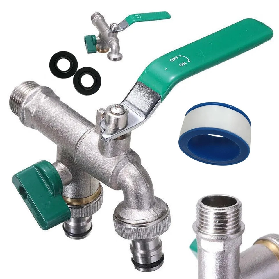 Garten Doppel Wasserhahn 1/2, 3/4 Zoll Anschluss Kugelhahn Messing Auslaufhahn - Bild 1 von 4