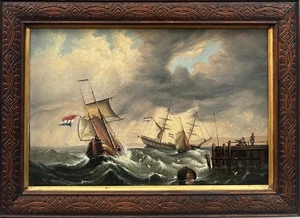Antique Painting: Ships on Rough Water in a Harbour, signed oil on board - Picture 1 of 5