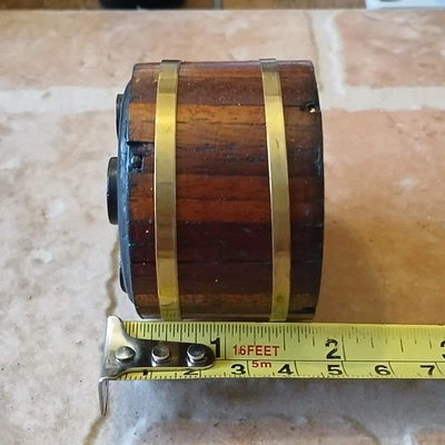 LIVE STEAM BOILER VERTICAL WOOD CLAD BRASS BANDED 1/4 x 40 this INLET / OUTLET - Image 1 of 4