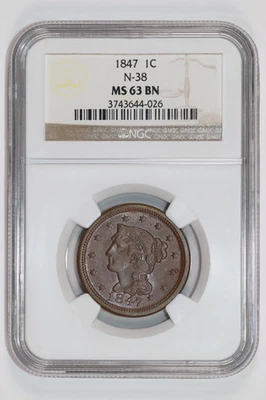 1847 CABELO TRANÇADO CENTAVO GRANDE N-38 NGC MS63 BN - TOTALMENTE ORIGINAL E PQ! - Imagem 1 de 2