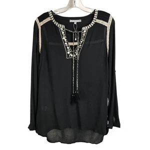 Daniel Rainn Top Sz Small Black Boho Trim Collared Tassel Front NWT - Picture 1 of 8