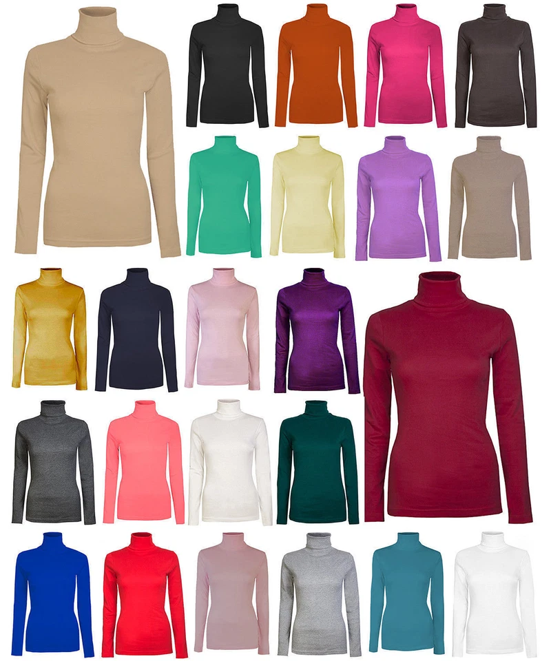 LADIES WOMEN LONG SLEEVE POLO TURTLE ROLL NECK PLAIN TOP 25 COLOURS SIZE 8-26 - Image 1 of 1