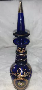 Antique Bohemian Cobalt Blue Persian Floral Gold Gilt Painted Glass Decanter 14" - Picture 1 of 12