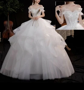 UK White/Ivory Off Shoulder Floor Length Ball Gown Cheap Wedding Dress Size 6-20 - Picture 1 of 6