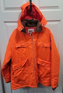 Vintage Woolrich Blaze Orange Men's Quilted Lined Hunting Jacket Coat with Hood - Picture 1 of 14