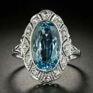 4Ct Oval Cut Lab Created Aquamarine Women's Wedding Ring 14K White Gold Finish - Picture 1 of 5