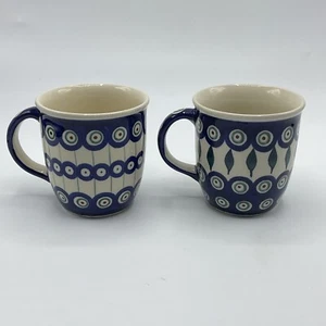 2 tazas de café de cerámica polaca Boleslawiec círculos de pavo real - Imagen 1 de 5