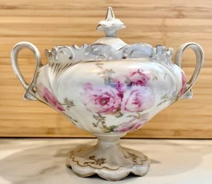 Antique RS Prussia Sugar Bowl – Satin Tiffany Finish, Pink Roses, Footed w/ Lid - Picture 1 of 8