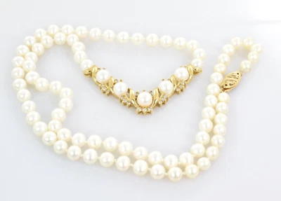 Великолепное ожерелье из жемчуга и бриллиантов с акцентами из желтого золота 14 карат 20 дюймов - Изображение 1 из 4