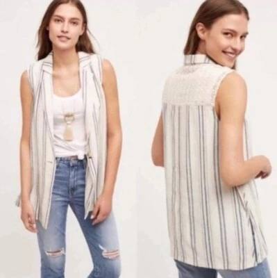 Chaleco Top Anthropologie Elevenses Minarete Mezcla de Lino Rayas Crochet Talla Grande Foto 1 de 4