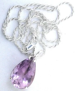 17.60 Carat Pear Rose De France Amethyst Sterling Pendant Rope Chain Necklace - Picture 1 of 2