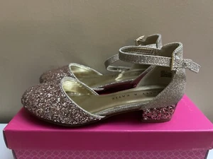 Girls Size 2 Gold Glitter Shoes By Kelly & Katie Flower Girl Felicity Heel EUC - Picture 1 of 6