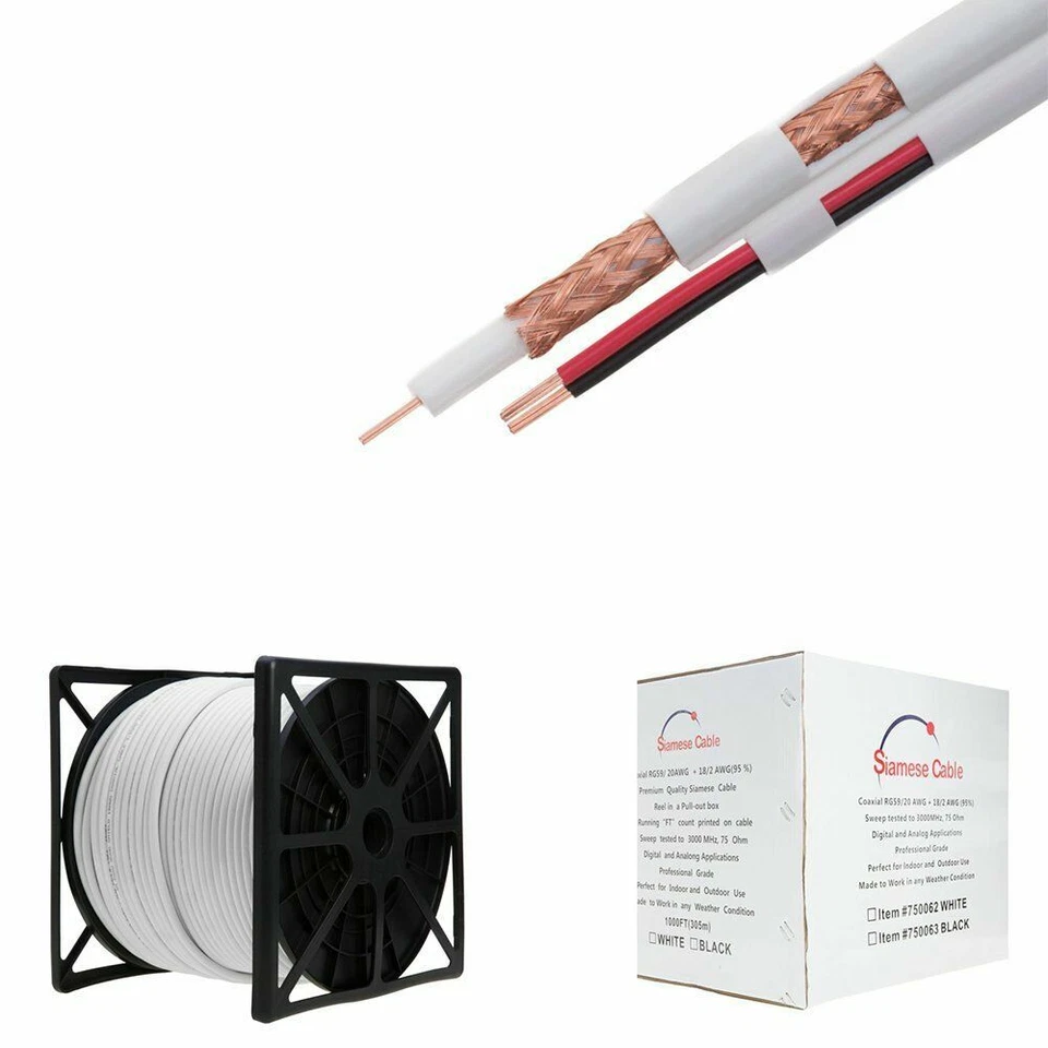 RG59 18/2 Cable Siamese 1000ft 500ft 250ft Security Camera CCTV Bulk Coax Wire N - Image 1 of 4