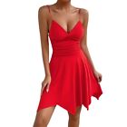 Sexy Red V-neck Spaghetti Strap Dress Irregular Hem Summer Fashion Mini Dress
