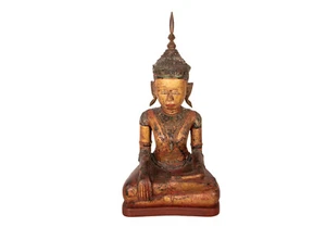 Eine Lackierte & Vergoldete Holzfigur von Buddha , Burma / Shan - Stil. 19. Jh. - Bild 1 von 12