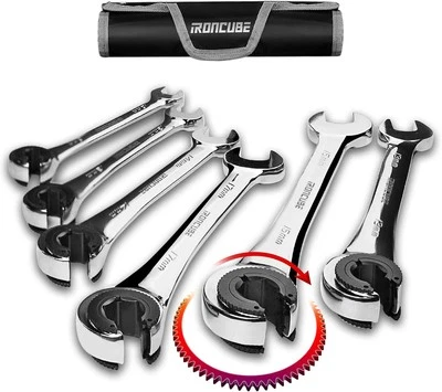 Brake Line Wrench Set: Metric 10-17mm - Ratcheting Open-end for Nuts on...  - Image 1 of 4