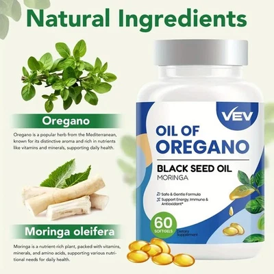 Aceite de cápsulas blandas de orégano 6000 mg | Semilla negra y moringa | Apoyo inmunológico 60 quilates Foto 1 de 4
