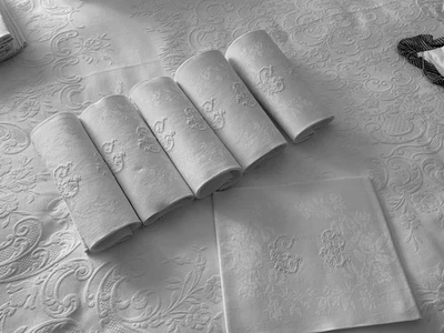 Linge Ancien 6 Serviettes De Mariage Damassé De Soie Monogramme C S - Photo 1/4