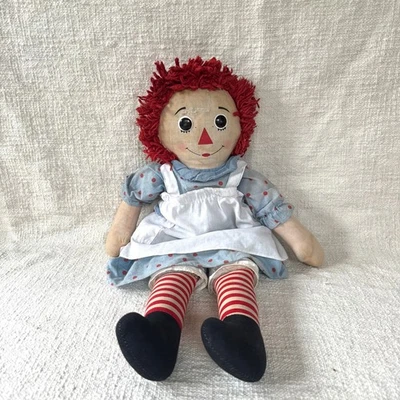 Boneca vintage Raggedy Ann Knickerbocker fio vermelho cabelo azul vestido bolinhas - Imagem 1 de 4