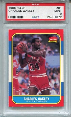 Tarjeta de novato Fleer Charles Oakley 1986 PSA 9 como nueva graduada baloncesto #81 Foto 1 de 2
