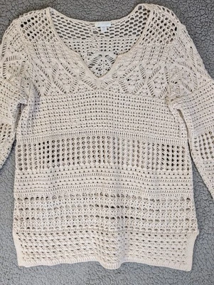 J Jill 开放式针织钩针上衣女式小号波西米亚海滩美人鱼米色 — 第 1/4 张图片